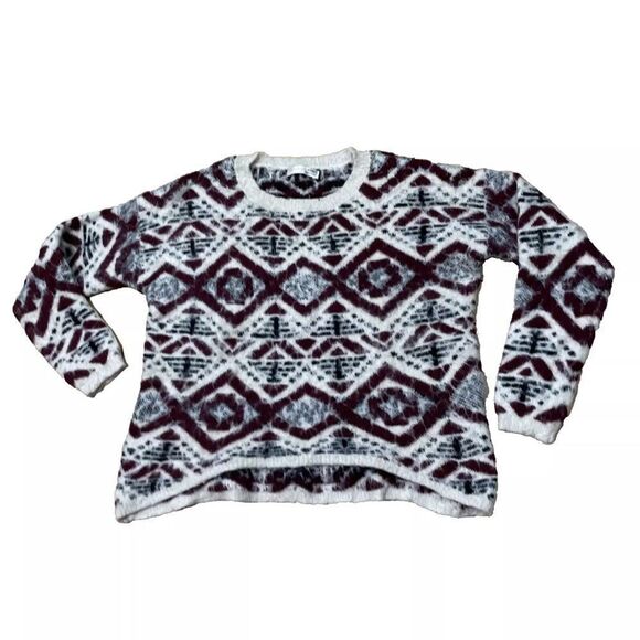 A'GACI MOHAIR Sweater Women M Red Beige Tribal Aztec Geometric Fuzzy Pullover M - Picture 1 of 16